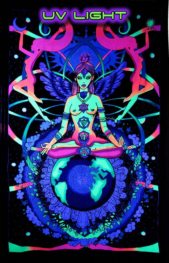 CHAKRA✧COLOR✧ガネーシャ神✧オルゴナイト Psychedelic'chakra Goddess' Tapestry, Trippy UV Reactive Wall