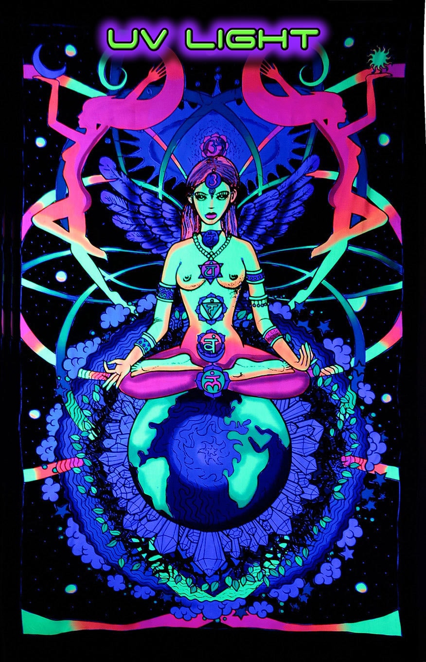 Psychedelic'chakra Goddess' Tapestry, Trippy UV Reactive Wall