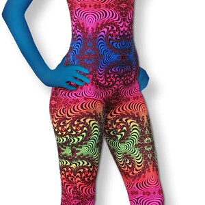 May include: A one-piece jumpsuit with a psychedelic pattern in shades of pink, blue, green, and yellow. The pattern features swirling lines and dots.