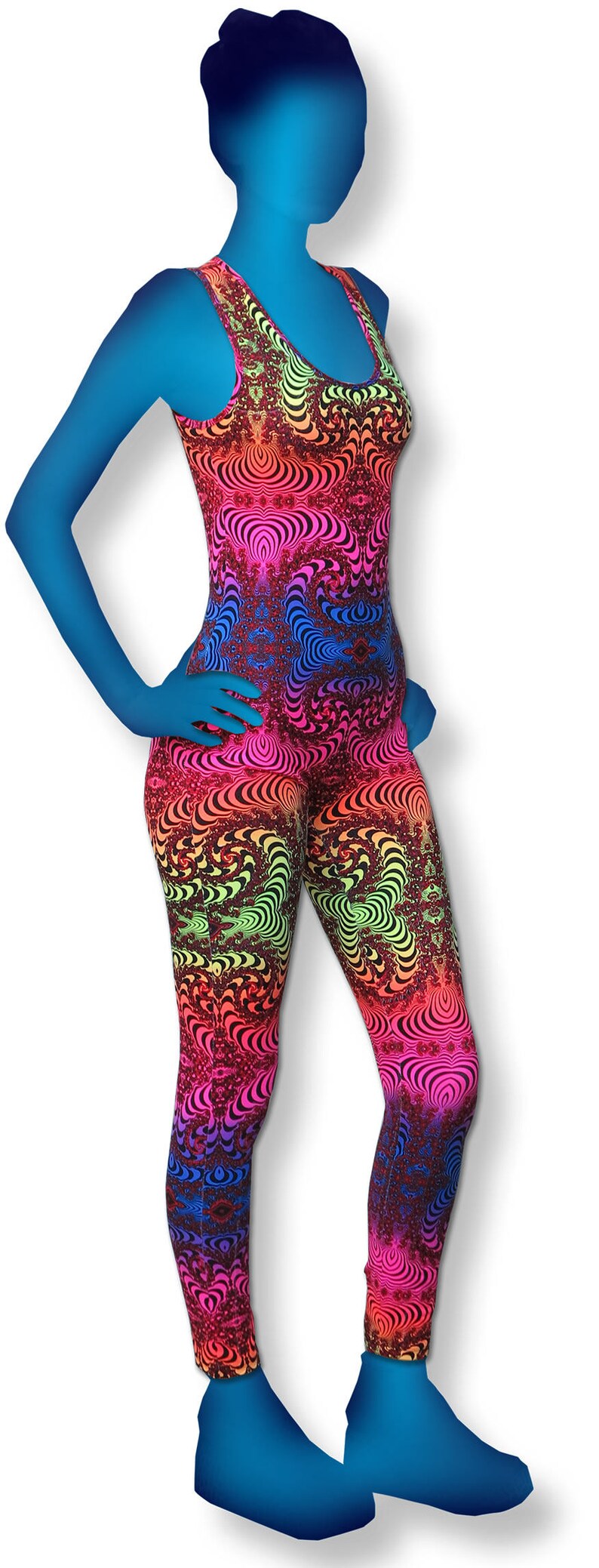 May include: A one-piece jumpsuit with a psychedelic pattern in shades of pink, blue, green, and yellow. The pattern features swirling lines and dots.