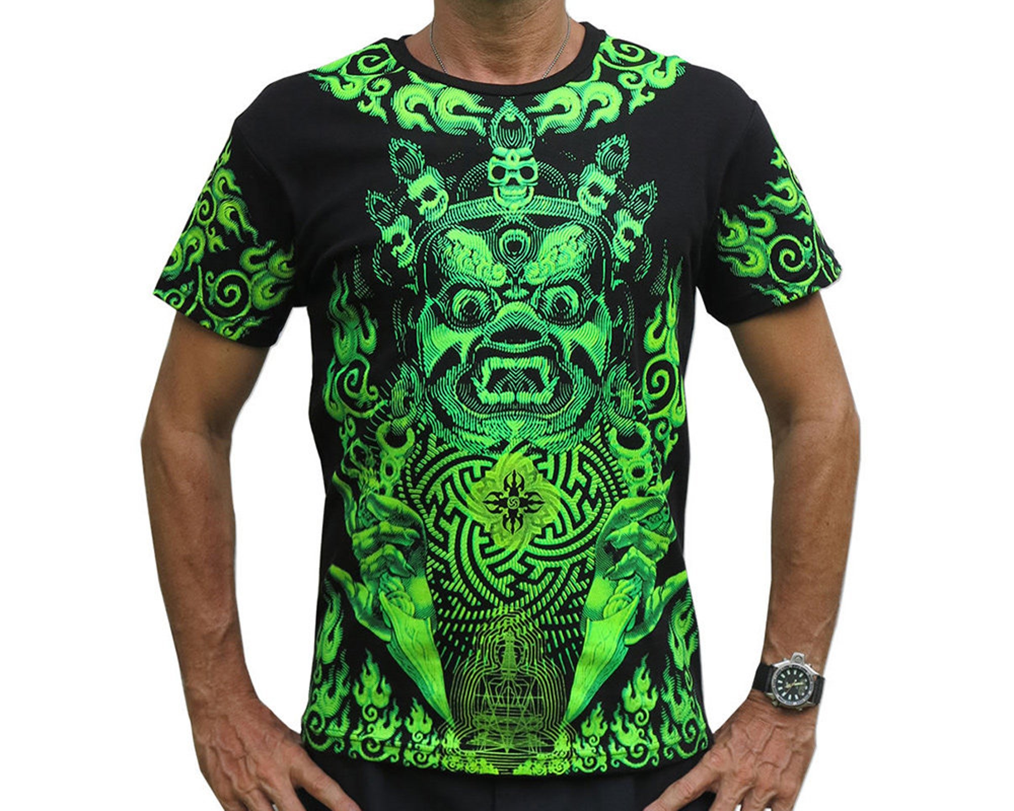 Discover Psychedelic Lime Mahakala Goa UV Active Festival T shirt 3D