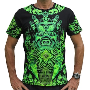 Psychedelic t shirt, 'Lime Mahakala'. Goa clothing, UV active festival T shirt, Rave wear, Visionary art t shirt, Psychedelic clothing.