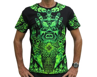 Maglietta psichedelica, 'Lime Mahakala'. Abbigliamento Goa, maglietta festival attivo UV, abbigliamento Rave, maglietta d'arte visionaria, abbigliamento psichedelico.