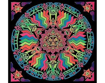 Psychedelic Tapestry 'Stargate Mandala'. Hand painted trippy wall art, UV reactive rave festival banner, Psytrance backdrop, Trippy bedcover