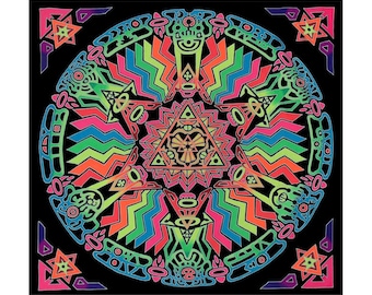 Psychedelischer Wandteppich „Stargate Mandala“. Handbemaltes, psychedelisches Wandbild, UV-reaktives Rave-Festivalbanner, Psytrance-Hintergrund, psychedelische Bettdecke.