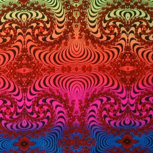May include: Abstract psychedelic pattern with a gradient of colors from green to blue. The pattern features swirling lines and shapes, creating a hypnotic effect.
