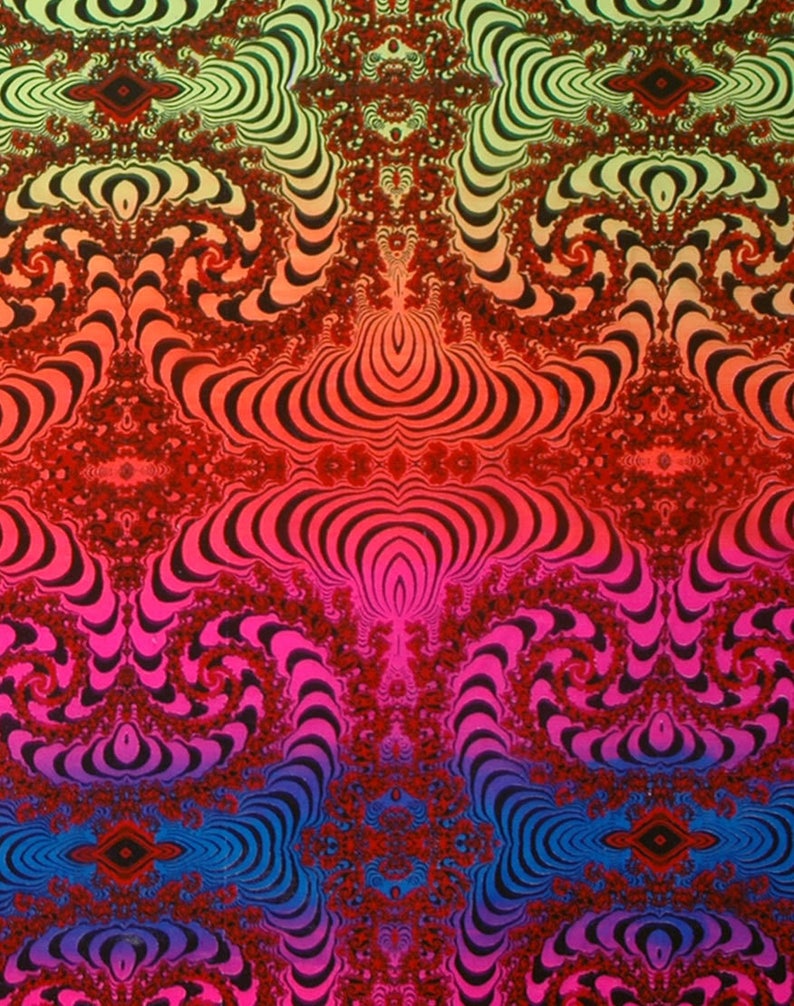 May include: Abstract psychedelic pattern with a gradient of colors from green to blue. The pattern features swirling lines and shapes, creating a hypnotic effect.