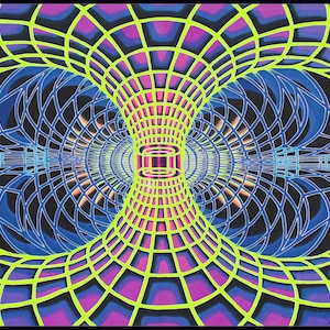 Psychedelic Tapestry &#39;Yellow Continuum&#39;. Giant UV Banner, Psychedelic wall art, UV reactive trippy wall art, Geometric, trippy tapestry 4m
