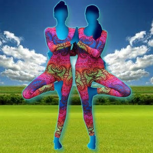 May include: Two people wearing colorful, patterned leggings are doing yoga poses in a field. The leggings have a psychedelic, abstract design with pink, blue, green, and yellow colors.