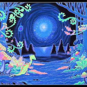 サイケデリックなタペストリー「スペース ジャングル」サイケトランス バックドロップ、UV 反応性トリッピー ウォール アート、壁掛け、宇宙のキノコ、ブラックライト バナー LSD DMT