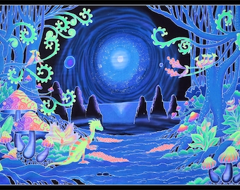 Arazzo psichedelico 'Space Jungle' Psytrance Backdrop, arte da parete trippy reattiva ai raggi UV, appeso a parete, funghi cosmici, banner a luce nera LSD DMT