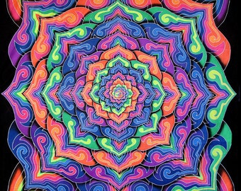 Psychedelic Tapestry, 'Spiral Lotus'. Hand painted trippy wall art, UV reactive backdrop, psytrance banner, bedsheet, Rainbow Mandala, lsd