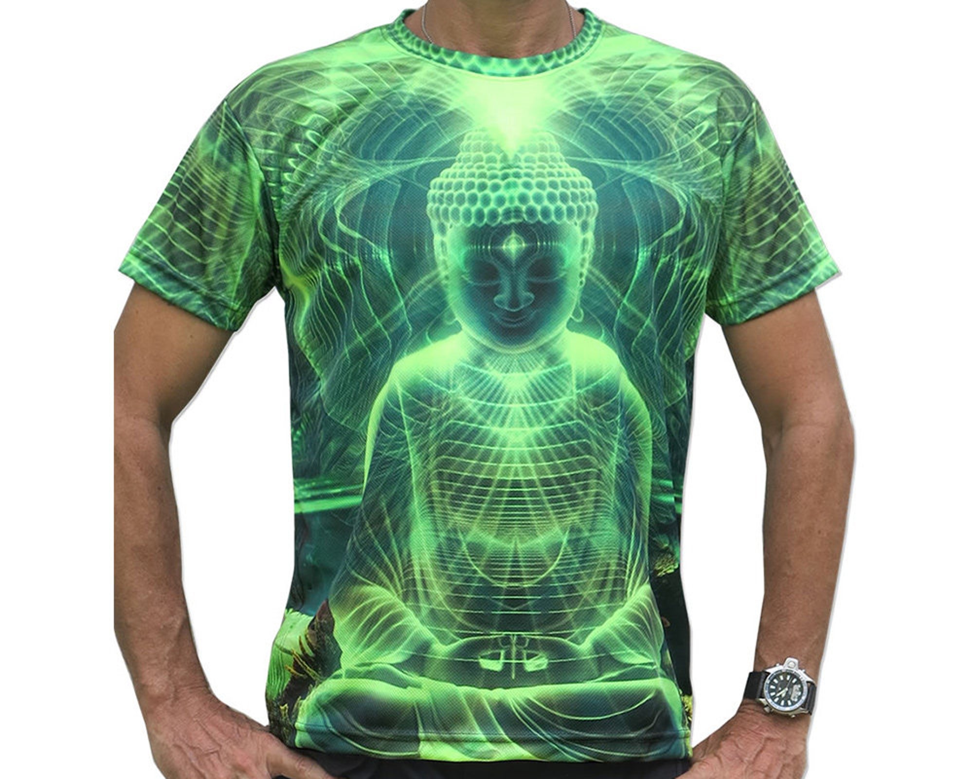 Psychedelic Lime Buddha UV active Trippy T shirt 3D