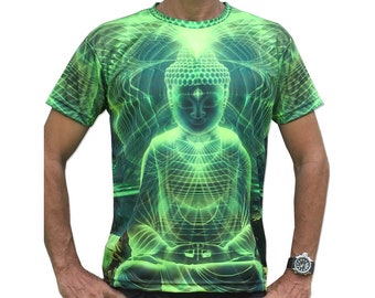 Psychedelic T shirt 'Lime Buddha UV'. UV active, Trippy T shirt, Festival t shirt, Psy Trance, Rave wear, Psychedelic clothing