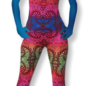 May include: A one-piece jumpsuit with a psychedelic rainbow pattern. The jumpsuit has a scoop neck and sleeveless design.