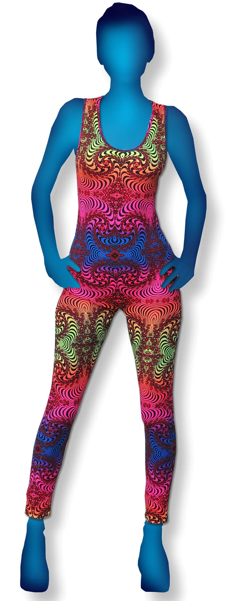 May include: A one-piece jumpsuit with a psychedelic rainbow pattern. The jumpsuit has a scoop neck and sleeveless design.