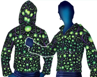 Psychedelic hoodie 'Atomic Alien'. UV active festival hoodie. Trippy hoodie, Goa Clothing, Rave hoodie, Rave wear, psy trance festival.