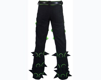 Spikey Black / UV Lime Microfibre Pants. Punk - Rave Trousers With