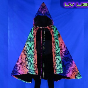Pixie hood cape: Rainbow Fractal. UV active cloak with hood. Psychedelic poncho, Space Tribe cape with hood. Burning man costumes, Rave wear