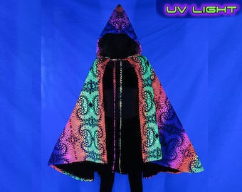 Pixie hood cape: Rainbow Fractal. UV active cloak with hood. Psychedelic poncho, Space Tribe cape with hood. Burning man costumes, Rave wear