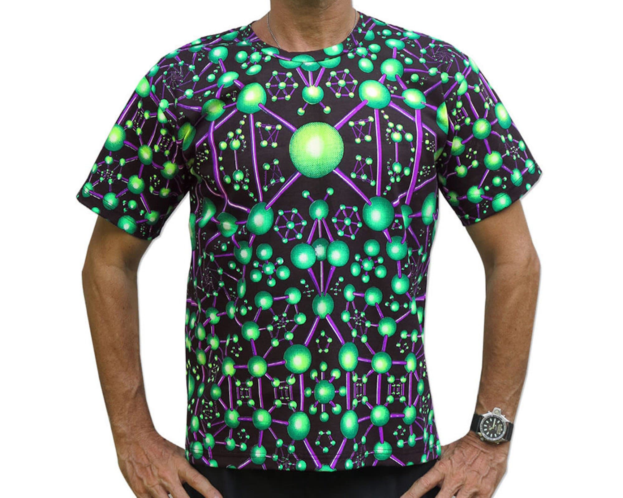 Discover Psychedelic t shirt 'Alien Molecule'. Goa clothing, Psy trance festival T shirt, UV active Rave wear, rave T shirt, Psychedelic clothing