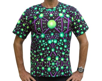 Psychedelic t shirt 'Alien Molecule'. Goa clothing, Psy trance festival T shirt, UV active Rave wear, rave T shirt, Psychedelic clothing