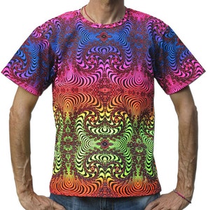 Psychedelic t shirt &#39;Rainbow Fractal&#39;. Goa clothing, Psy trance festival T shirt, UV active Rave wear, rave T shirt, Psychedelic clothing