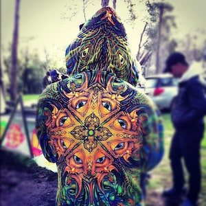 Psychedelic hoodie &#39;Polymorph&#39;. UV active festival hoodie. Trippy hoodie, Goa Clothing, Trippy jacket, Rave hoodie, Visionary art jacket.