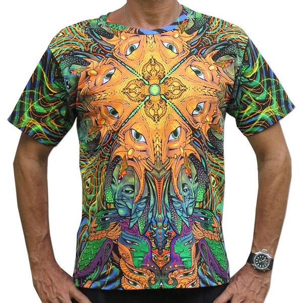 Psychedelic t shirt, 'Polymorph'. Goa clothing, UV active Psy trance festival T shirt, Rave wear, Visionary art t shirt. Psytrance T shirt