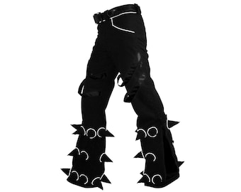 Spikey Black / UV Lime Microfibre Pants. Punk - Rave Trousers With
