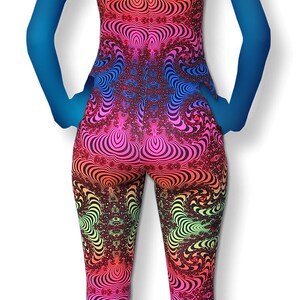 May include: A full-length, rainbow-colored, psychedelic patterned jumpsuit with a sleeveless design.