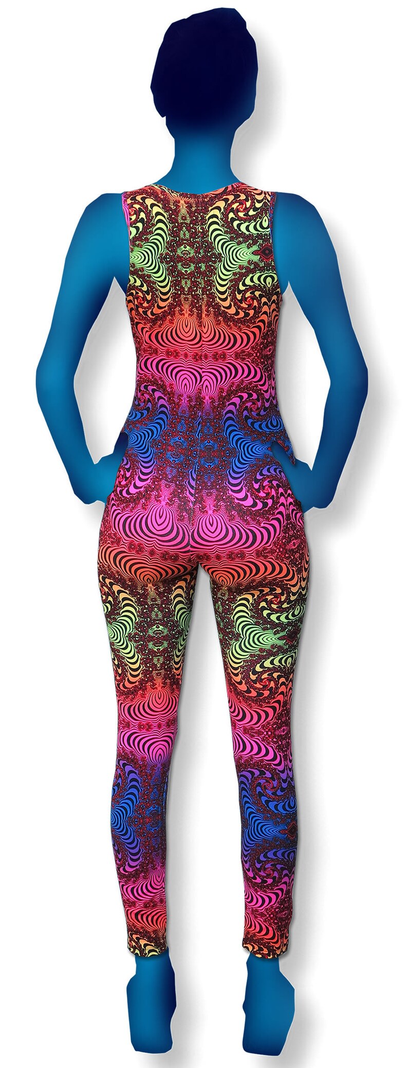 May include: A full-length, rainbow-colored, psychedelic patterned jumpsuit with a sleeveless design.