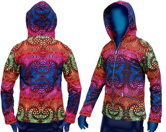 Psychedelic 'Rainbow Fractal' Hoodie. Trippy, UV Reactive, Cotton Fleece Zip Jacket. Festival/Rave wear.