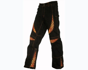 Pantaloni Alien Eye 'Fire Dragonfly': pantaloni in cotone nero con cerniere sulle gambe + inserti stampati UV attivi. Pantaloni di cotone. Pantaloni da festival, pantaloni da rave