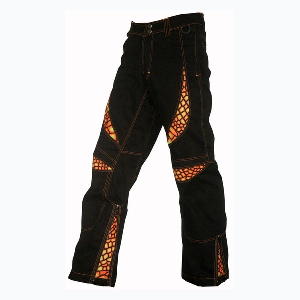 Pantalon Alien Eye « Fire Dragonfly » : pantalon en coton noir avec fermetures éclair sur les jambes + empiècements imprimés UV actifs. Pantalon en coton. Pantalon festival, pantalon rave