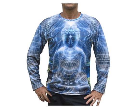 Psychedelic Long Sleeve T shirt 'Ocean Buddha'. Sublimation print. Trippy T shirt, UV active, rave, trancewear, festival wear, visionary art Psychedelic Long Sleeve T shirt 'Ocean Buddha'. Sublimation print. Trippy T shirt, UV active, rave, trancewear, festival wear, visionary art