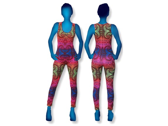 Rainbow Fractal Catsuit, Sleeveless Psychedelic Jumpsuit, UV Active Rave Bodysuit