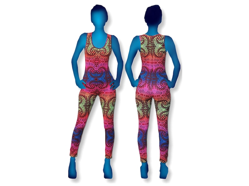 May include: A colorful one-piece jumpsuit with a psychedelic pattern in shades of pink, red, blue, green, and yellow. The jumpsuit has a scoop neck and sleeveless design.