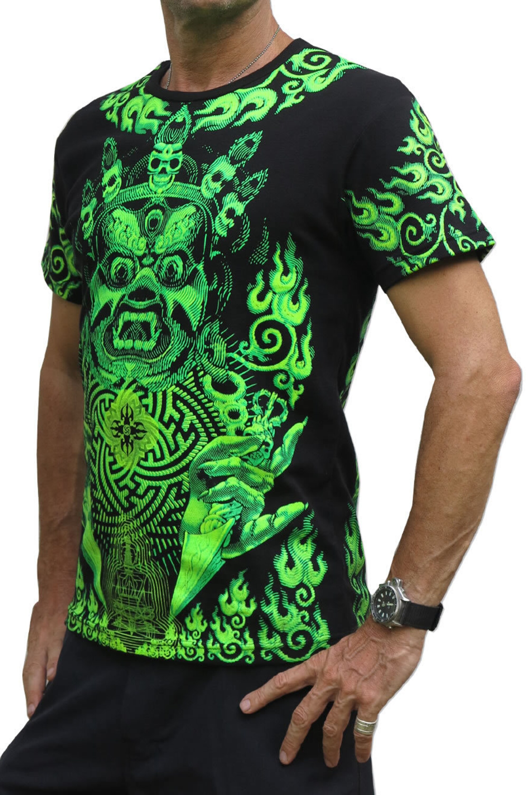 Psychedelic Lime Mahakala Goa UV Active Festival T shirt 3D