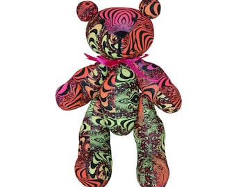 Techno Ted, Rainbow Fractal Teddy bear. Psychedelic Grateful Dead bear. UV active trippy toy. Rave toy. printed cotton soft toy.