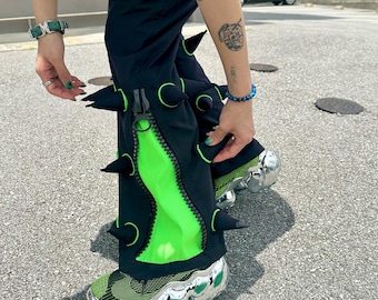 Spikey Pants : Black Trousers With Soft Spikes, UV Lime Piping