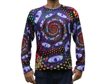 Psychedelic Long Sleeve T-shirt 'LSD Party' by Mad Tribe. Trippy T-shirt, Psy trance, festival wear. Rave T, cd art, eye spiral, sublimation