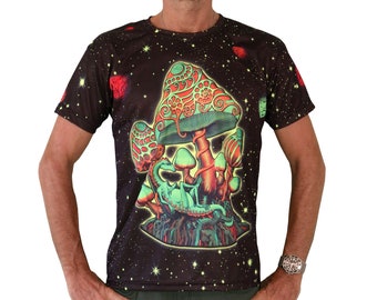 Psychedelic T shirt Cosmic Shrooms. UV active, Trippy T shirt, Festival t shirt, Psy Trance, Rave wear, Psychedelic clothing, Visionary Art