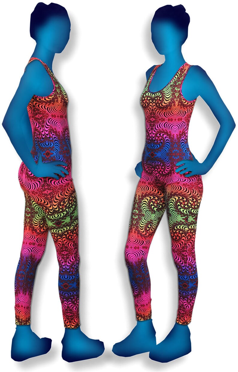 May include: A one-piece jumpsuit with a colorful psychedelic pattern. The jumpsuit has a scoop neck and sleeveless design. The model is wearing blue shoes.