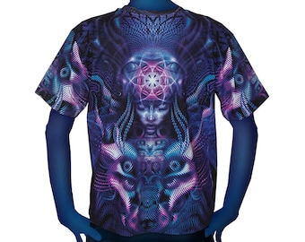 Psychedelic t shirt 'Violet Foxy Lady'. Goa clothing, UV active Psy trance festival T shirt, Rave wear, Visionary art t shirt.