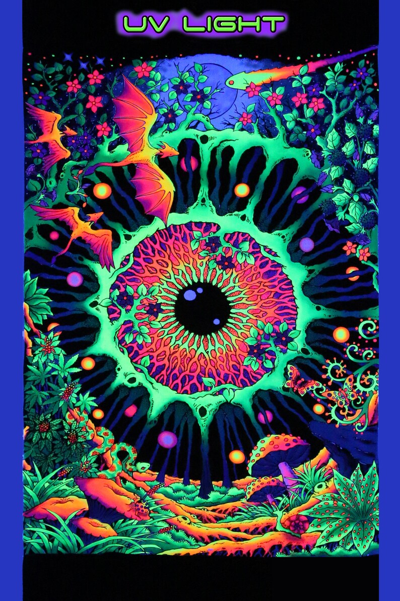 Trippy wall art 'Cosmic Eye'. Psychedelic tapestry, Blacklight tapestry, Trippy wall-hanging, UV reactive wall hanging, Psytrance Deco, LSD image 3