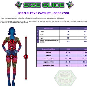 May include: Size chart for a long-sleeved catsuit with measurements in centimeters and inches. The chart includes chest, waist, hips, body length, US, UK, European, Japanese, and Australian sizes.