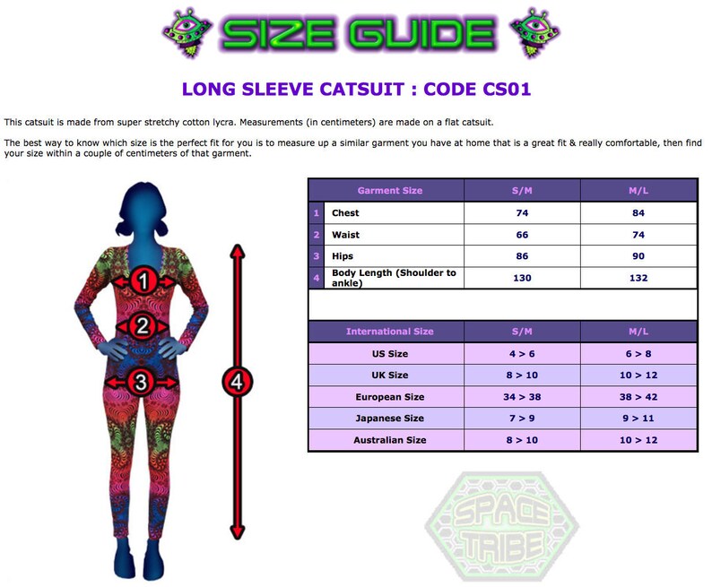 May include: Size chart for a long-sleeved catsuit with measurements in centimeters and inches. The chart includes chest, waist, hips, body length, US, UK, European, Japanese, and Australian sizes.