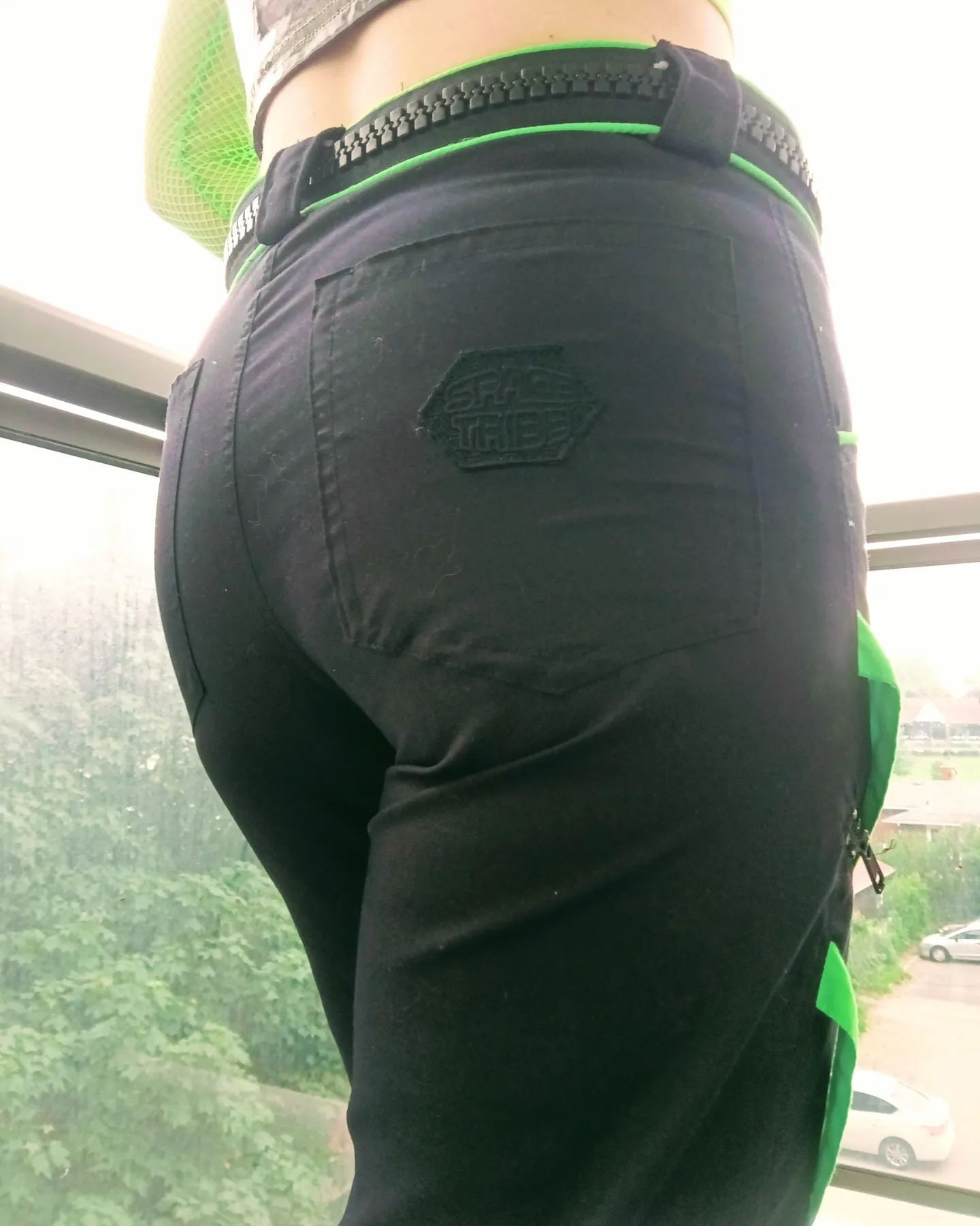 Spikey Black / UV Lime Microfibre Pants. Punk - Rave Trousers With