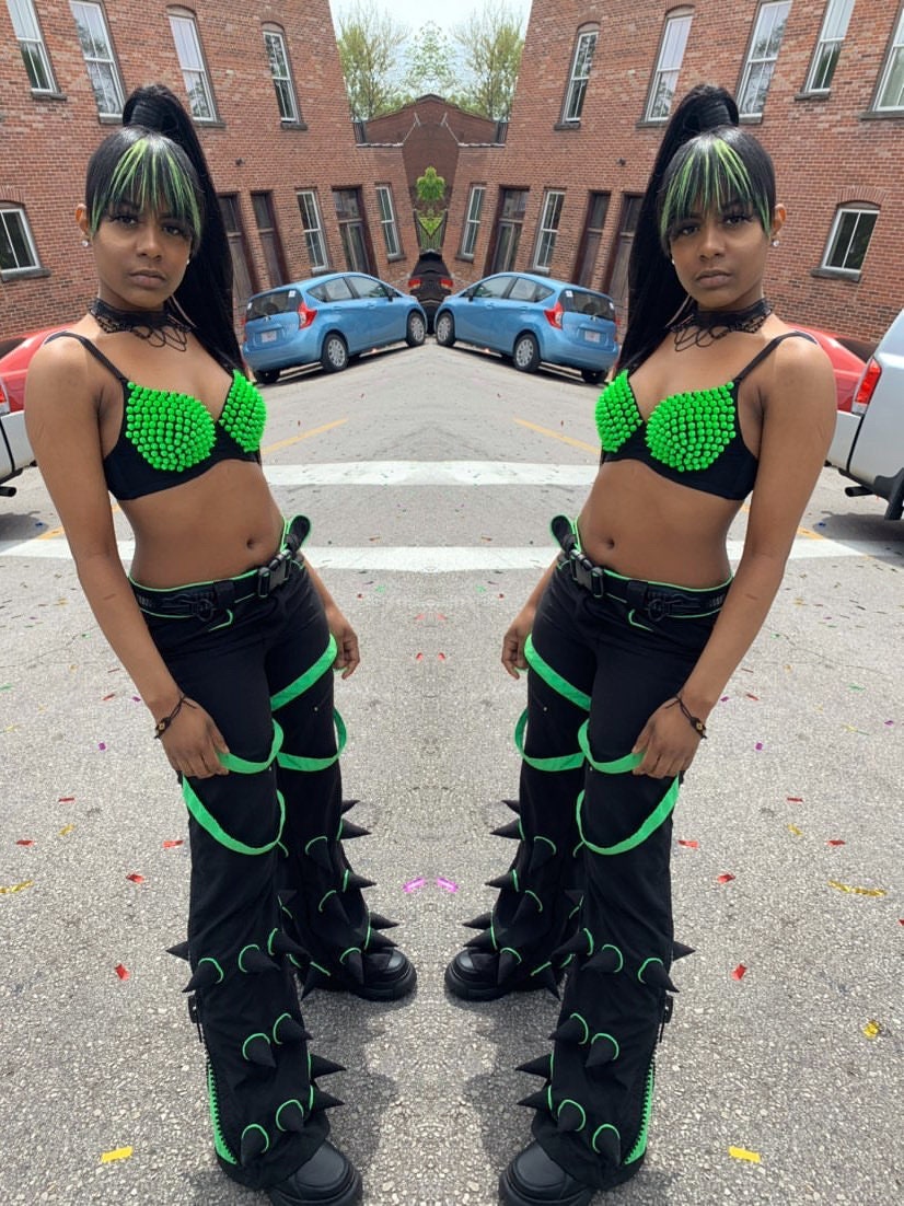 Spikey Black / UV Lime Microfibre Pants. Punk - Rave Trousers With